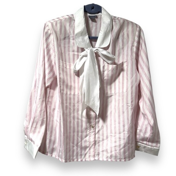 Vintage Tops - 💙 Vintage Savant Pink White Striped Tie Neck Secretary Blouse Size Large Retro